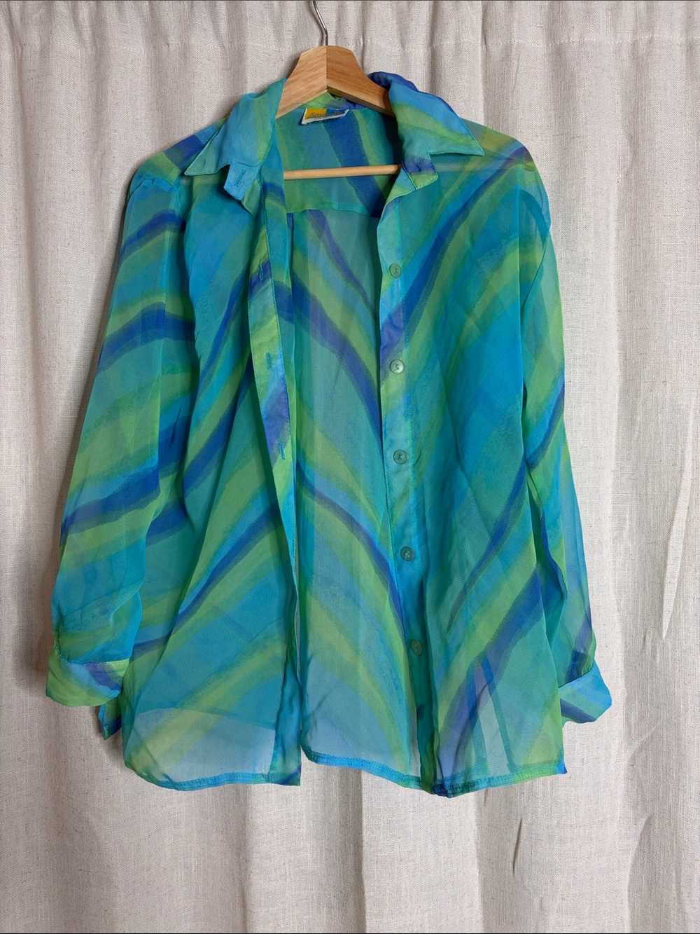 Sea sun M Sheer Striped Button-Up Blouse - Blue Green